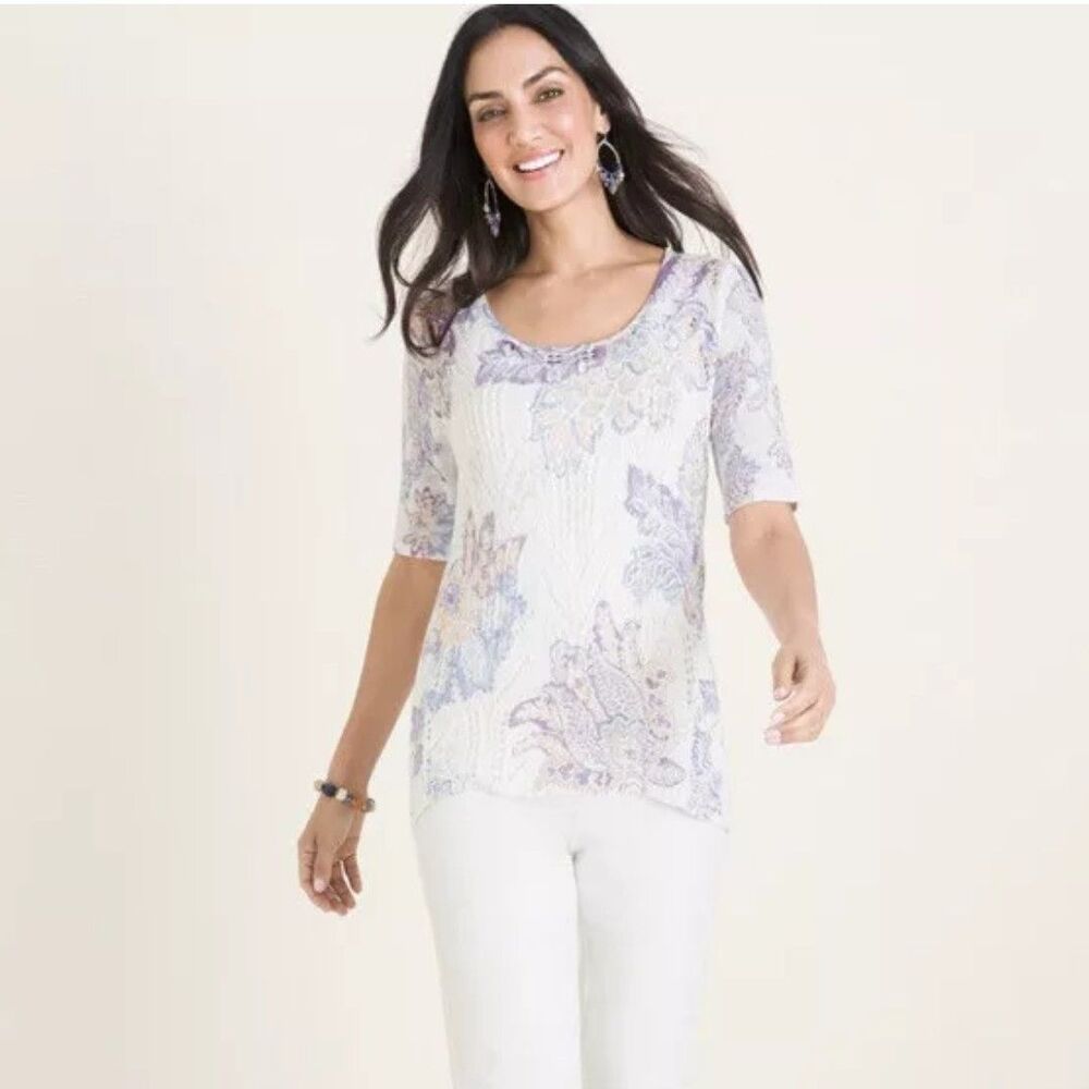 Chicos Women's Size 3 Floral Printed Pointelle-Stitch Knit Sweater Linen Blend